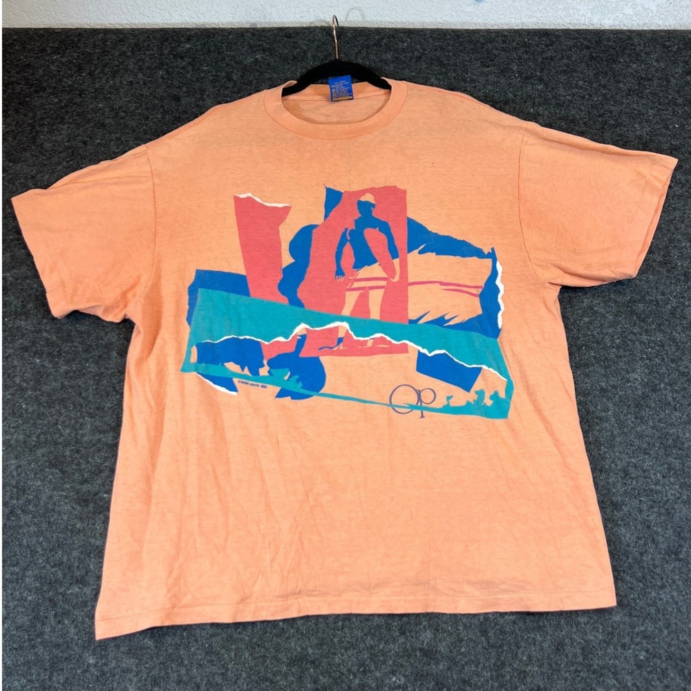 Vintage 80s Ocean Pacific Shirt Sz XL RARE Orange Paper thin Graphic Surfing USA